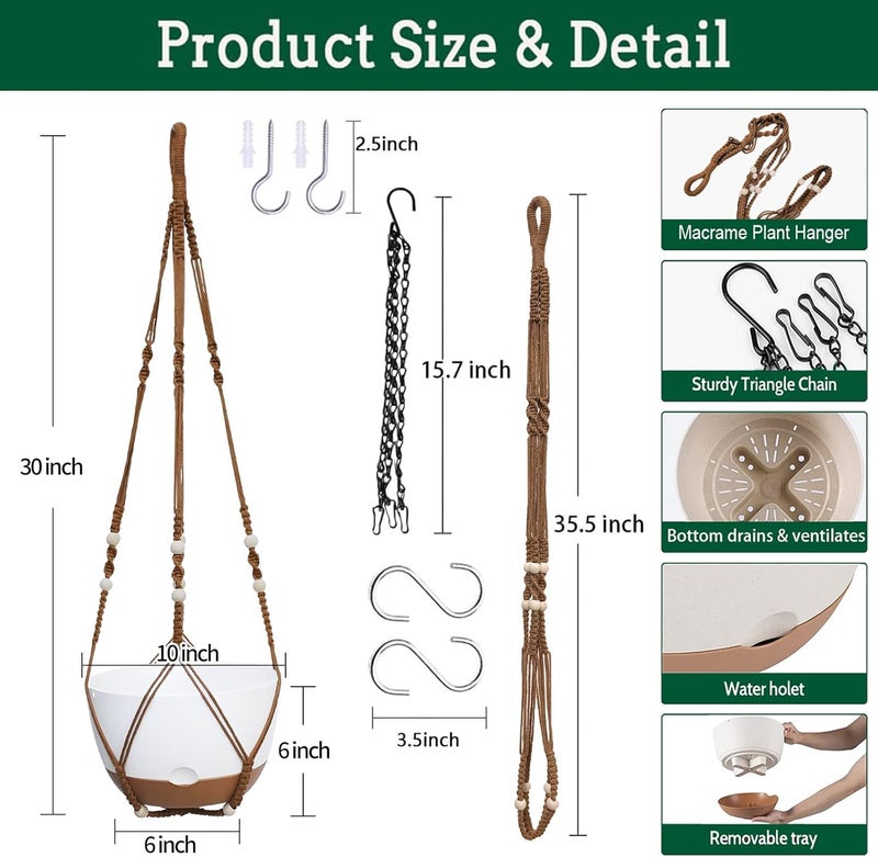 Koalaime 2 Pack Hanging Planters Set,10 Inch Indoor Outdoor Hanging Plant Pot Basket,Hanging Flower Pot with Drainage Hole with 3 Hooks for Garden Home(Caramel Hanger White Planters) - Image 3